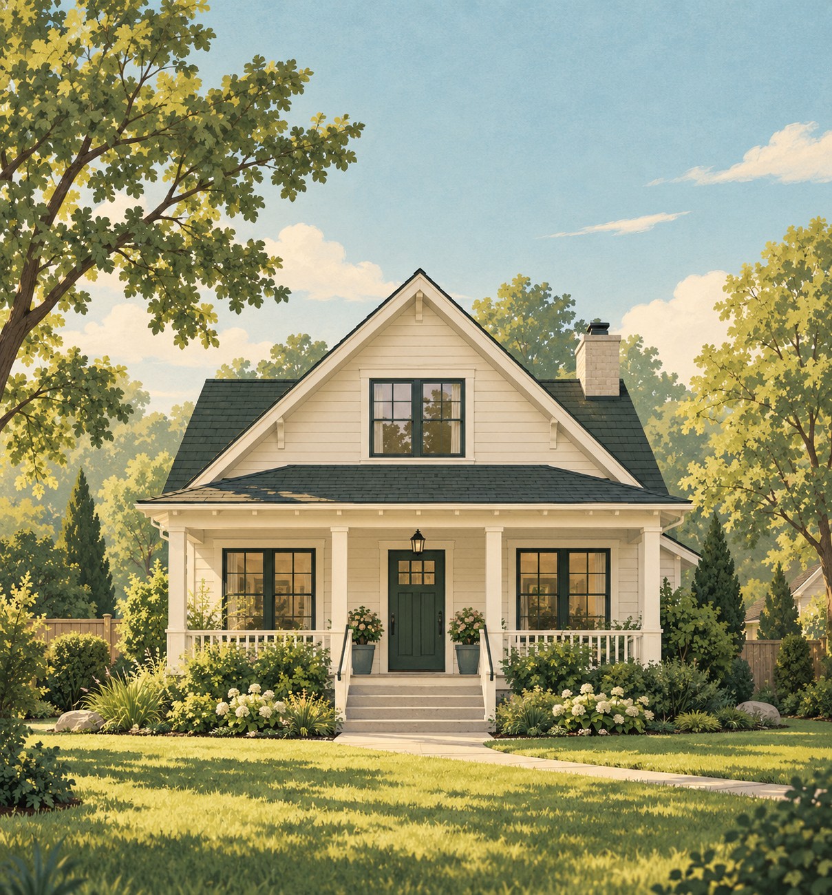 Illustration of a welcoming detached house with a front porch, garden and trees
